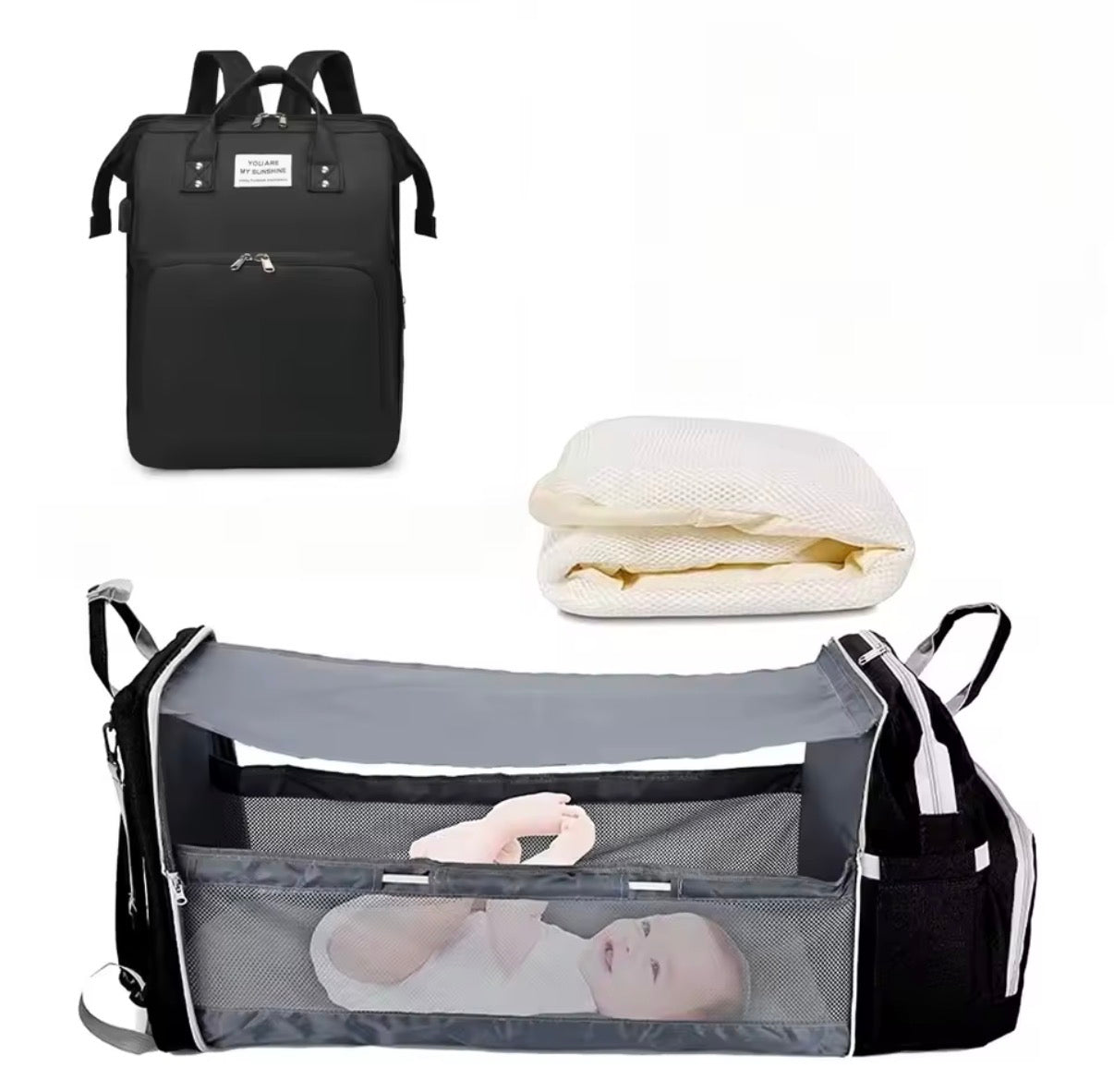 3 in 1 diaper bag, foldable baby bed.