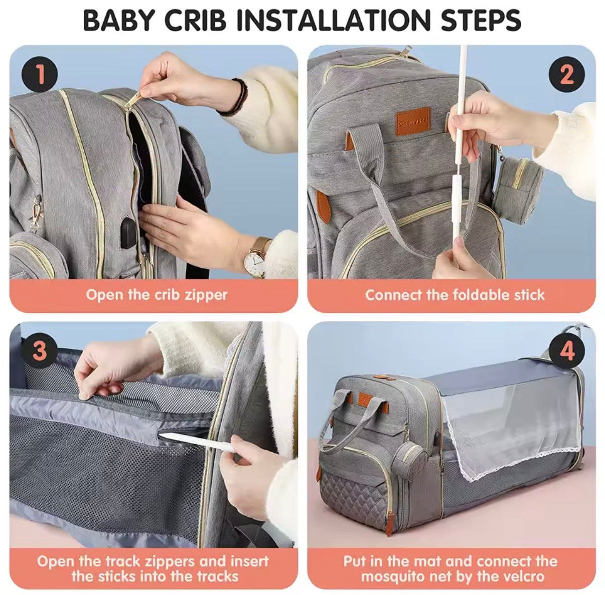 3 in 1 diaper bag, foldable baby bed.