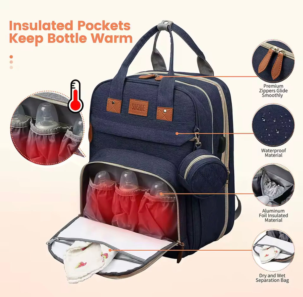 3 in 1 diaper bag, foldable baby bed.